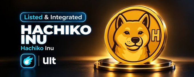 Promotional graphic announcing 'Hachiko Inu' ($H) is 'Listed & Integrated' on a platform with an 'ult' logo, featuring a 3D gold coin with a Shiba Inu dog design.