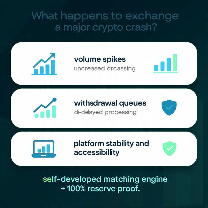 An infographic explaining what happens during a major crypto crash, highlighting volume spikes, withdrawal queues with delayed processing, and platform stability via a self-developed matching engine with 100% reserve proof.