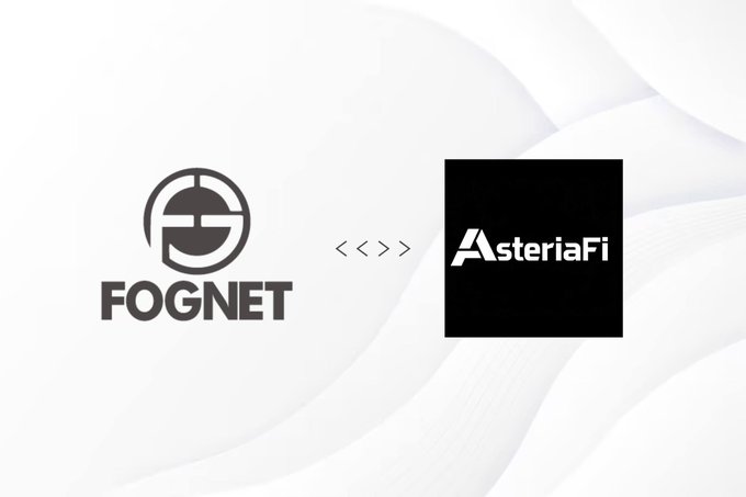 The image features two logos side by side against a white background. The logo for FOGNET is black with a white circle, while the logo for @asteriafi_hq is black with a white triangle. Both logos are centered on the image. Below the logos, there's text that reads "Partnership Announcement FOGNET is excited to partner with @asteriafi_hq who is a next-generation On-chain Investment Bank transforming crypto market volatility into sustainable value." The text is in black and white, which contrasts with the other elements of the image.