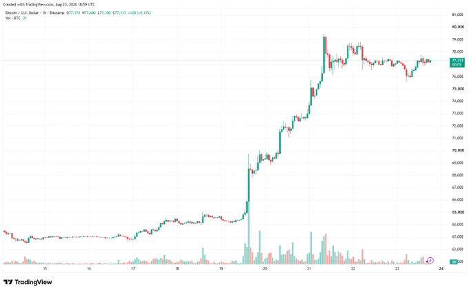 A TradingView chart of Bitcoin/U.S. Dollar (BTCUSD) on a 1-hour timeframe showing a significant price rally from around $62,000 to nearly $80,000 between August 15–23, 2024.