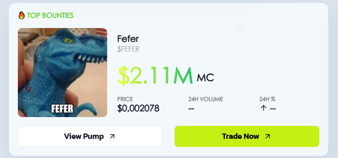 A crypto trading interface displays the top bounty token 'Fefer' ($FEFER) with a market cap of $2.11M and a price of $0.002078.