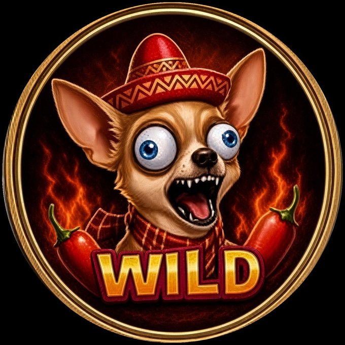 Wild symbol from a slot machine featuring a cartoon chihuahua wearing a red sombrero and bandana, displayed against a fiery background with the word "WILD" at the bottom.