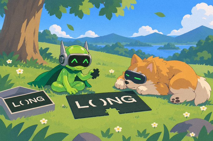 An illustration depicts a green robot and a Shiba Inu dog wearing VR headsets while assembling a puzzle on the grass that spells 'LONG'.