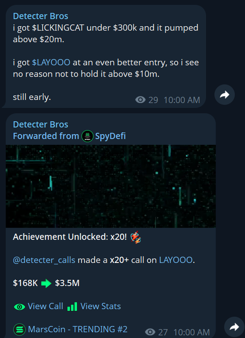 Detecter Bros claims to have bought $LICKINGCAT below $300K before it reached a $20M market cap, and is holding $LAYOOO, expecting it to exceed $10M. The forwarded post highlights an x20+ call on $LAYOOO, rising from $168K to $3.5M, and also shows “MarsCoin - TRENDING #2.”