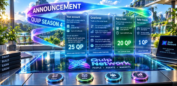 A digital announcement graphic reveals Quip Season 4, a QuipNetwork incentive program offering 25 QP for account sign-ups, 20 QP for running a node, and 1 QP per referral, framing the campaign as more than just a typical points program.

The image connects to the post by visually contrasting the futuristic, rewards-focused aesthetic of QuipNetwork's Season 4 promotion with the underlying message that quantum computing threats require proactive, long-term cryptographic preparation—a strategic pivot beyond conventional loyalty incentives.