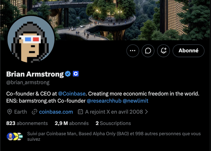 The image shows a Twitter/X profile of Brian Armstrong (@brian_armstrong), Co-founder & CEO of Coinbase, with a pixelated profile picture of him wearing 3D glasses, 2.9M followers, and an ENS handle "barmstrong.eth." The avatar's 3D glasses cleverly tie into the post's joke about "Man memecoin traders," suggesting Armstrong is passively observing or spectating the absurdity of memecoin trading culture.