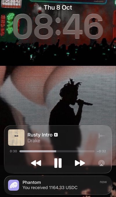 A phone lock screen displays the time 08:46 on Thursday, Oct 8, with a music player showing 'Rusty Intro' by Drake, and a Phantom notification indicating a receipt of 1164.33 USDC.