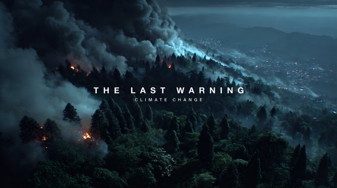 A dramatic aerial photograph of a forest fire with thick smoke billowing over hillsides, overlaid with the text 'THE LAST WARNING - CLIMATE CHANGE'.