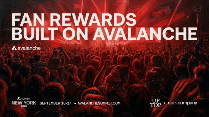 A promotional graphic with a red-tinted crowd reading "FAN REWARDS BUILT ON AVALANCHE" alongside the avalanche logo, advertising Avalanche Summit New York 2026 on September 16-17 at avalanchesummit.com.