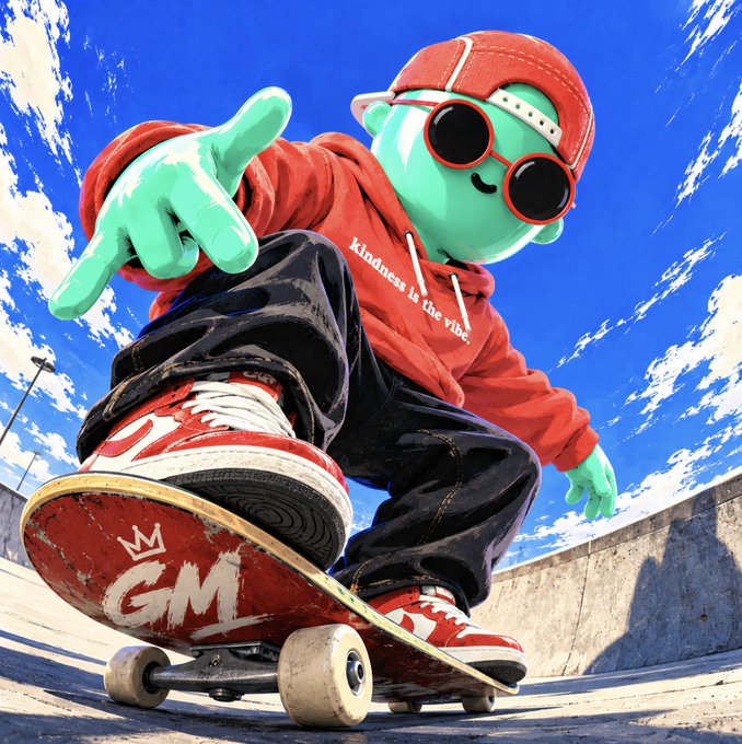 A green cartoon character wearing sunglasses and a red 'kindness is the vibe' hoodie poses on a skateboard marked with 'GM'.