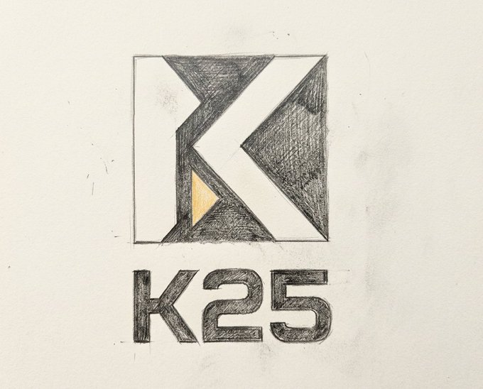 A hand-drawn pencil sketch of the "K25" logo—featuring a stylized geometric "K" inside a square above the bold text "K25"—visually represents the prediction market brand mentioned in the post, emphasizing its call to action for users to join, predict outcomes, and win real-time forecasts.