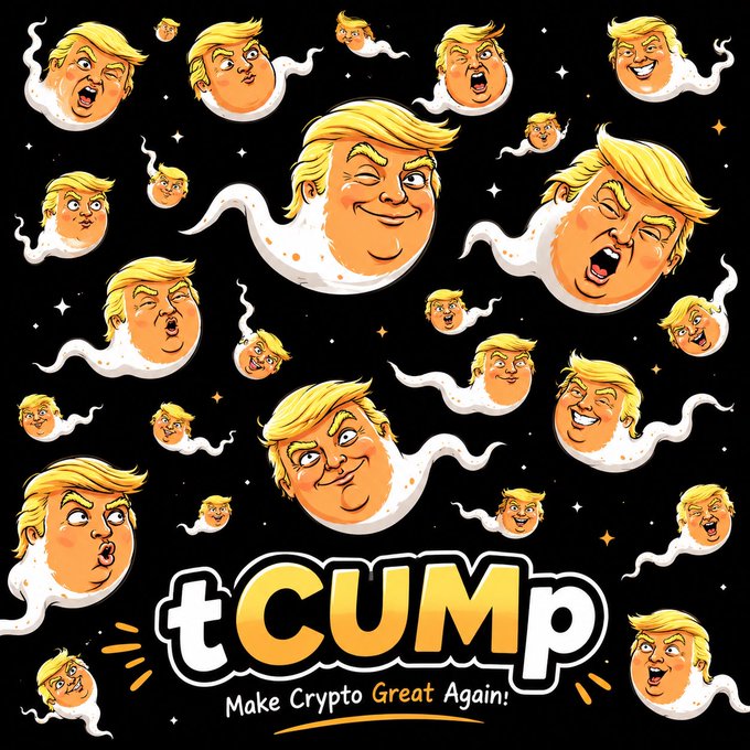 The image features a black background with numerous cartoon heads of Donald Trump, each one rendered in white against the black backdrop. These heads are arranged in various positions, creating an impression of movement or chaos. The caption below the image reads "The timeline is about to get messy. #Pumpfun #Solana #Sol100x #tCUMp". This suggests that the post might be related to cryptocurrency or a similar topic and could possibly be discussing the potential impact of Trump's actions on the crypto market, given his involvement in the matter.