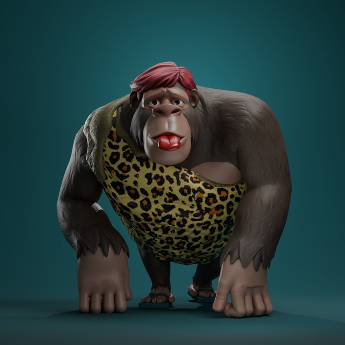 A 3D rendered character of a muscular gorilla with red hair and lipstick, wearing a leopard-print top and a draped cloth, standing against a dark teal background.