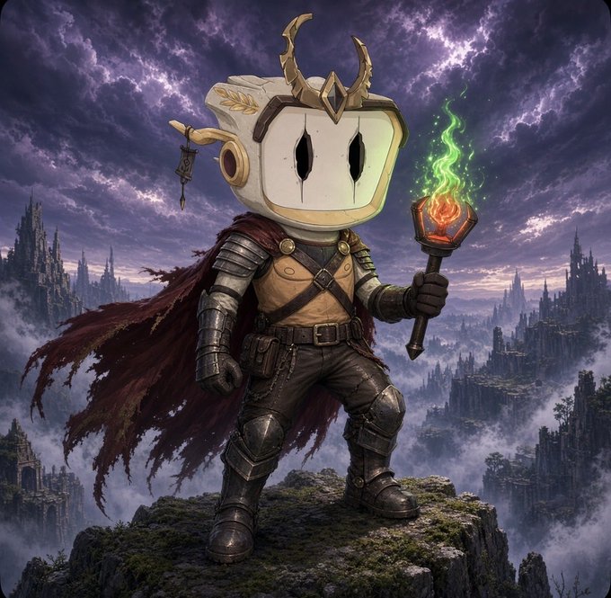 A highly detailed fantasy illustration portrays a knight in armor wearing a white helmet with tall eye slits and a tattered red cape, holding a staff topped with green flame, standing before a misty castle landscape.