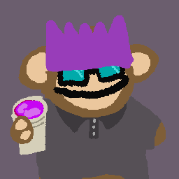 A pixel art character with a purple crown and sunglasses holding a cup of pink liquid against a dark background.