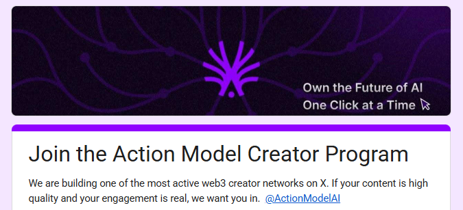 The image features a banner promoting an online platform dedicated to supporting action creators who want to make a difference with their work. The banner contains various details about the community, including that it is a private community owned by Action Model AI, which provides benefits for its members such as paid activations and token compensation. The main focus of the image is a website link displayed below the banner, inviting viewers to join the action model creator program and help shape the future with their ideas.