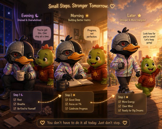 An illustrated motivational graphic titled 'Small Steps. Stronger Tomorrow.' showing an anthropomorphic penguin character progressing through Evening ('Drained & Overwhelmed'), Morning ('Building Better Habits'), and Later ('Stronger & More Energized') with checklists for each step and the message 'You don't have to do it all today. Just don't stop.'