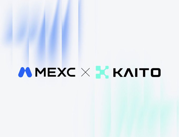 A clean, minimalist white banner announcing a partnership between "MEXC" and "KAITO," with light blue and teal accents in the background.