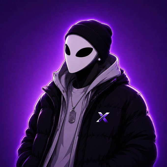 A digital illustration depicts a mysterious figure wearing a white alien mask, black beanie, and dark puffer jacket against a glowing purple background, with a glowing 'X' emblem on the chest and dog tag necklace.