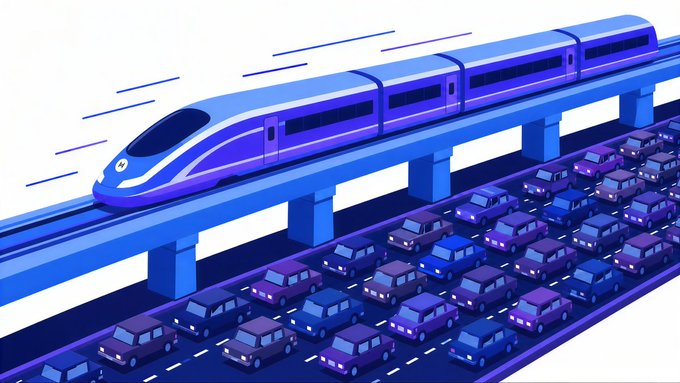 A sleek blue high-speed train glides above a congested highway gridlocked with cars, symbolizing Hedera's ability to bypass slow, congested networks with fast, dedicated-track performance.