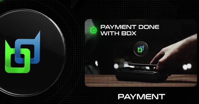 A promotional graphic for 'BDX' payment service, showing a green and blue logo alongside an image of a hand using a card terminal with the text 'PAYMENT DONE WITH BDX' and 'PAYMENT'.