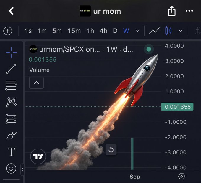 A rocket ship is shown flying upward over a TradingView chart for the "ur mom" (urmom/SPCX) token on the weekly timeframe, currently priced at 0.001355, with a steep volume spike labeled "Sep" propelling the chart—visually tying the meme's "taking urmom to mars" joke to the token's bullish price movement.