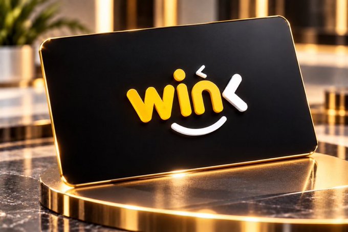 A 3D render of a black sign with the yellow and white 'wink' logo displayed on a golden pedestal against a marble background.