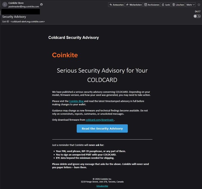 An email from Coinkite Store (postmaster@mg.coinkite.com) displaying a 'Coldcard Security Advisory' titled 'Serious Security Advisory for Your COLDCARD', warning users about firmware vulnerabilities and instructing them to download firmware only from coinkite.com/downloads, with a reminder that Coinkite will never ask for PIN/seed phrases, PSBTs, or KYC data.