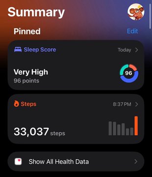 A smartphone screenshot of a Health app 'Summary' page showing a 'Very High' Sleep Score of 96 points and 33,037 steps tracked today at 8:37 PM.