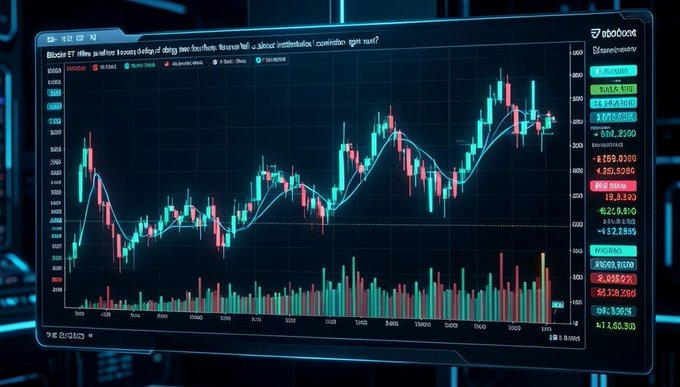 A digital display showing a cryptocurrency or stock trading chart with candlesticks, moving averages, and numerical data on a dark blue background.