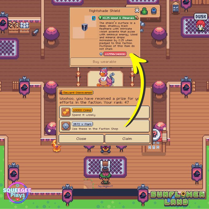 A screenshot from the pixel art game Sunflower Land showing a player claiming a reward of 10,000 coins and 2,672 Faction Mark from their faction rank 47, alongside a Nightshade Shield shop item costing 25 blood and minerals.