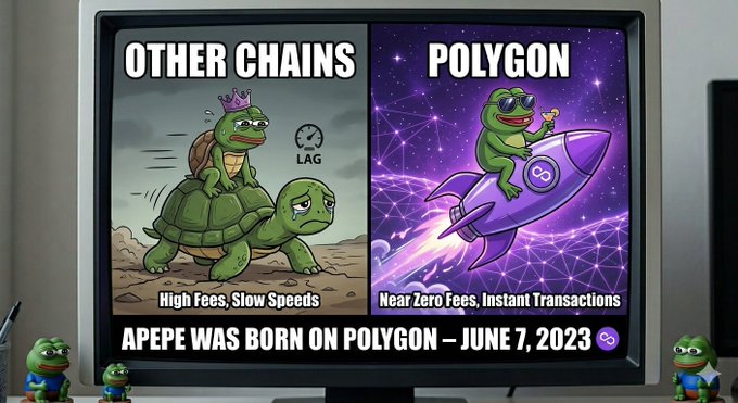 The image features a computer monitor with two cartoon images displayed, one depicting a turtle riding a rocket and another showing a frog riding a rocket. The text above the images reads "Other chains Polygon High fees, slow speeds Near Zero fees, instant transactions". Below these images is a caption that says "APEPE_MEME was born on Polygon #0xPolygon #APEPECreator #Polygon".
