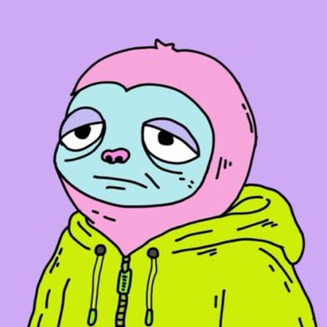 A cartoon-style illustration of a character with light blue skin, droopy eyes, a pink nose, and a pink head covering, wearing a bright yellow-green hoodie against a solid light purple background.