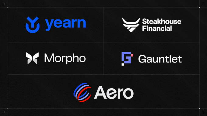 A dark-themed graphic displaying logos for five DeFi/crypto financial companies: Yearn, Steakhouse Financial, Morpho, Gauntlet, and Aero.