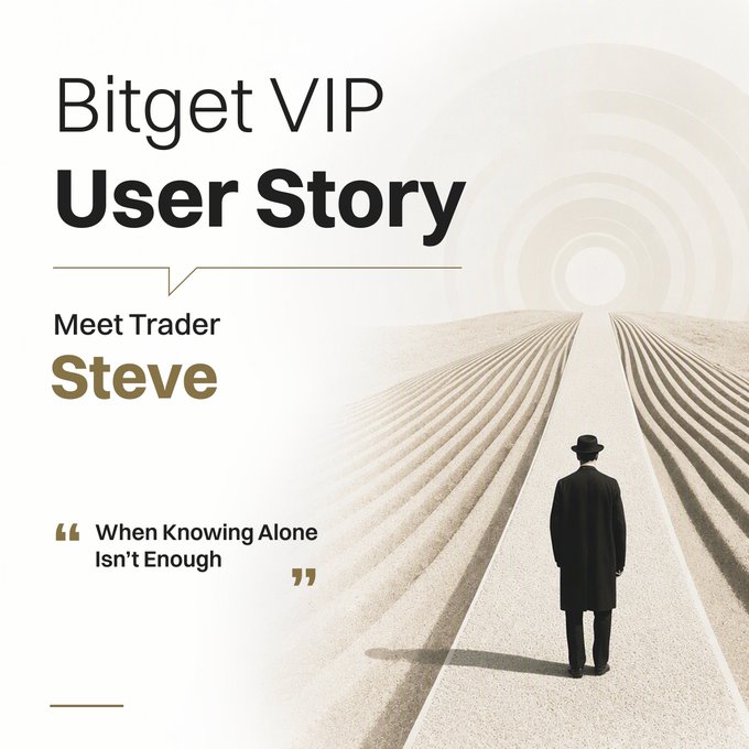 A promotional graphic titled "Bitget VIP User Story" introduces trader Steve with the tagline "When Knowing Alone Isn't Enough," featuring a man in a coat and hat standing alone on a vast, sunlit path with converging lines—visually emphasizing the solitary, forward-looking journey behind every trade.