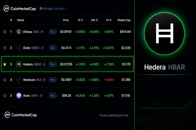 A CoinMarketCap ranking screenshot highlights Hedera (HBAR) at #3 with a 4.05% gain in the past 24 hours, priced at $0.07259 with a $3.17B market cap. The image visually confirms the post's claim that HBAR is among the top 3 performers in CoinMarketCap's Top 100.