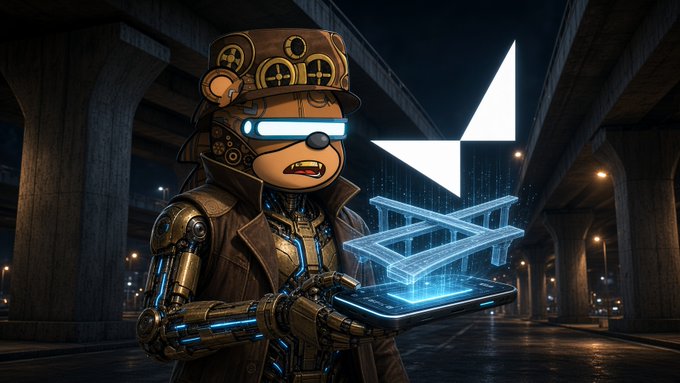 A digital illustration of a steampunk-style anthropomorphic bear wearing a top hat and VR headset, holding a tablet that projects a glowing blue blueprint, with a large white geometric logo floating behind it under a concrete overpass.