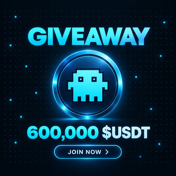 A glowing neon blue Space Invaders-style alien icon sits centered within a circular badge, framed by the word "GIVEAWAY" at the top and "600,000 $USDT" with a "JOIN NOW" button below, reinforcing the promotion's $USDT prize pool for 2,000 participants sharing 450 $USDT each.