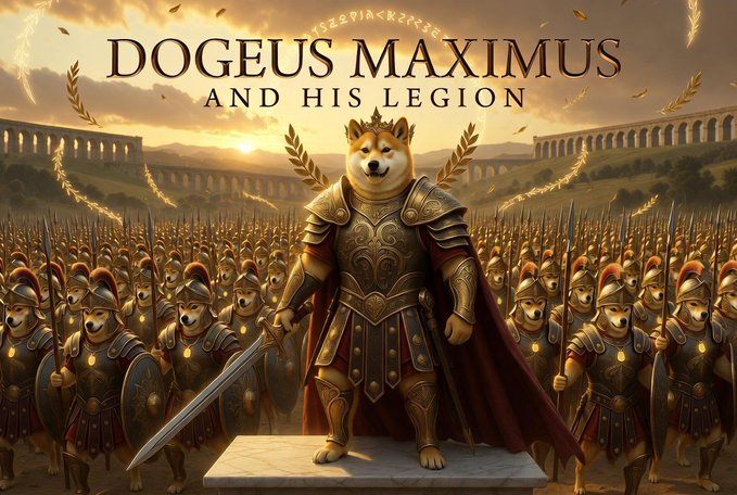 The image features a cartoon dog standing on a pedestal, wearing a full suit of armor with a sword in its mouth. The background shows a large group of dogs dressed in similar suits of armor, all posing for a picture together. The caption below the image reads "#DOGEUS 国王".