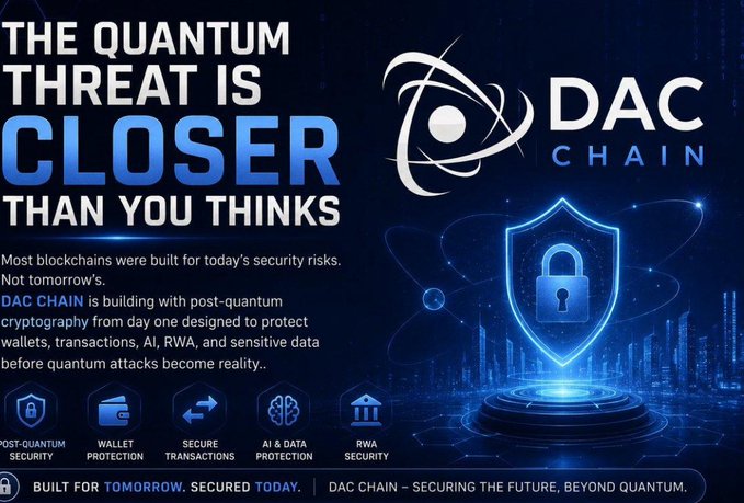 Advertisement for DAC CHAIN blockchain featuring text 'THE QUANTUM THREAT IS CLOSER THAN YOU THINKS' with post-quantum security features and shield icon.