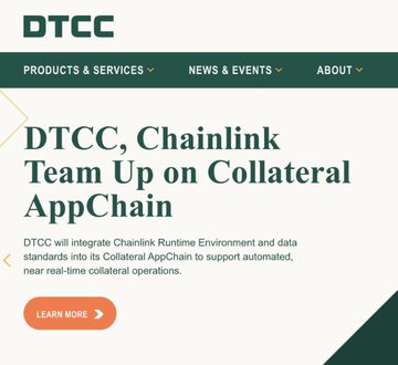 The image is a DTCC promotional banner announcing a partnership with Chainlink, with the headline "DTCC, Chainlink Team Up on Collateral AppChain" and text explaining that DTCC will integrate Chainlink Runtime Environment into its Collateral AppChain for automated, near real-time collateral operations. This visually supports the post's message about $LINK and DTCC working toward T+0, 24/7/365 settlement by highlighting the Chainlink-DTCC collaboration on collateral infrastructure.