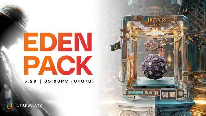 The image depicts an advertisement for Eden Pack, which features a man's silhouette of a person holding a giant red ball behind two signs that say "Eden Pack" with numbers 529 displayed below them. One sign also displays the text "5 PM (UTC+8) BGS Black Label 10 cards are joining One Piece Infinite Gacha". Another sign indicates an upcoming event where people can take a bite and set sail, which might be related to the Eden Pack event they advertised for.