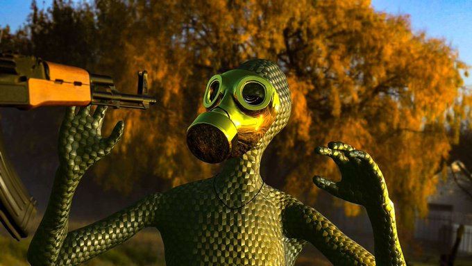 A 3D-rendered character wearing a green gas mask and scaled, reptilian-textured skin holds an assault rifle in a forest setting illuminated by golden hour sunlight.