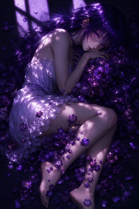 A girl with long purple hair and matching violet eyes sits among an ocean of purple flowers, bathed in soft violet light streaming through a window, wearing a delicate white dress. The serene, dreamy aesthetic echoes the peaceful, spiritual sentiment of a "good morning" greeting to beautiful souls.