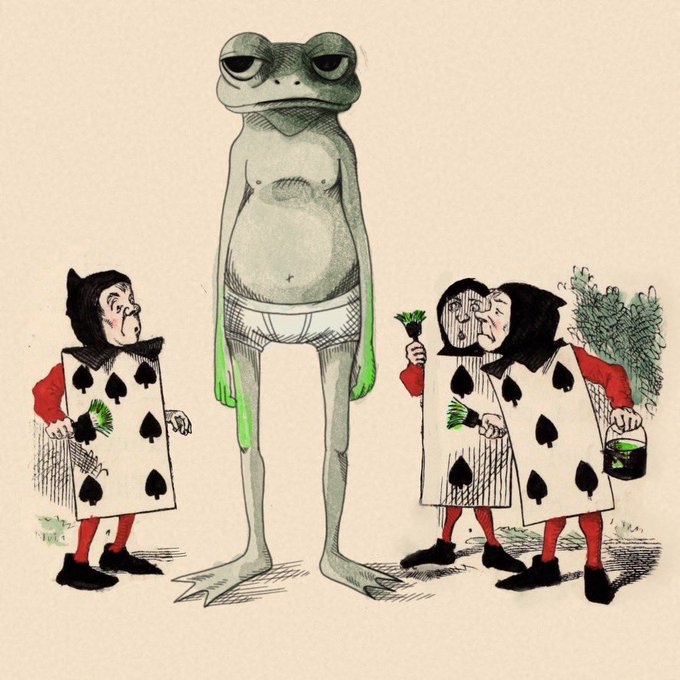 The image depicts a scene from Alice in Wonderland where card soldiers are painting a frog in green, symbolizing the deceptive nature of "frug" tokens (fake rugs) in the crypto market, as referenced by the post mocking these scam tokens.