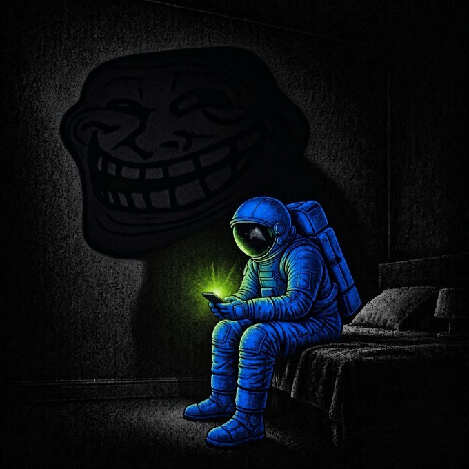 An astronaut sits hunched over a glowing phone in a dark bedroom while a giant Trollface looms on the wall behind him. The image illustrates the post's message that the iconic Trollface meme ($TROLL on Solana) remains "early" and has untapped cultural reach for onboarding millions into crypto.