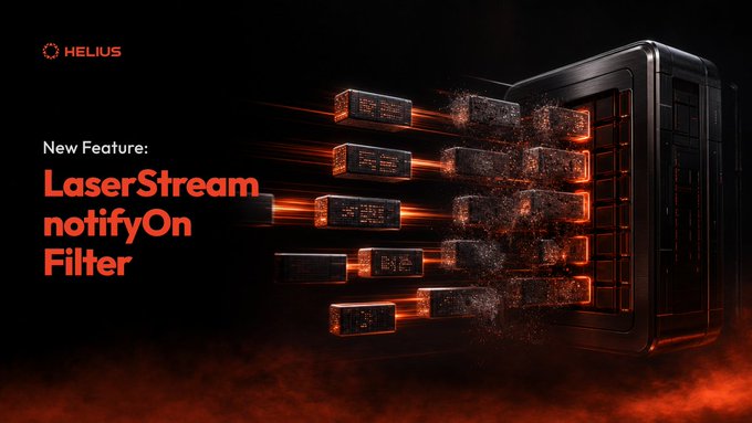 A promotional banner for Helius announcing a new feature called "LaserStream notifyOn Filter," showing server hardware emitting orange laser beams.
