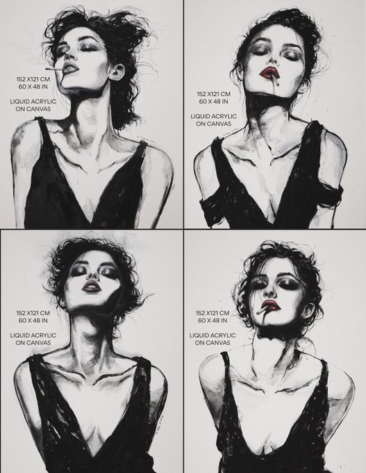 Four panels display black-and-white paintings of women with painted lips and black tops, each labeled '152 X121 CM 60 X 48 IN LIQUID ACRYLIC ON CANVAS'.