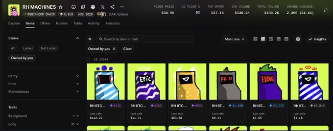 A screenshot of an NFT marketplace for "RH MACHINES" collection on Bitcoin blockchain, showing floor price of $30.56 and various robot character listings.