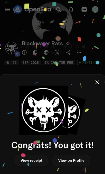 An OpenSea NFT minting confirmation screen for 'Blackwater Rats' showing a skull and crossbones design with the message 'Congrats! You got it!'.